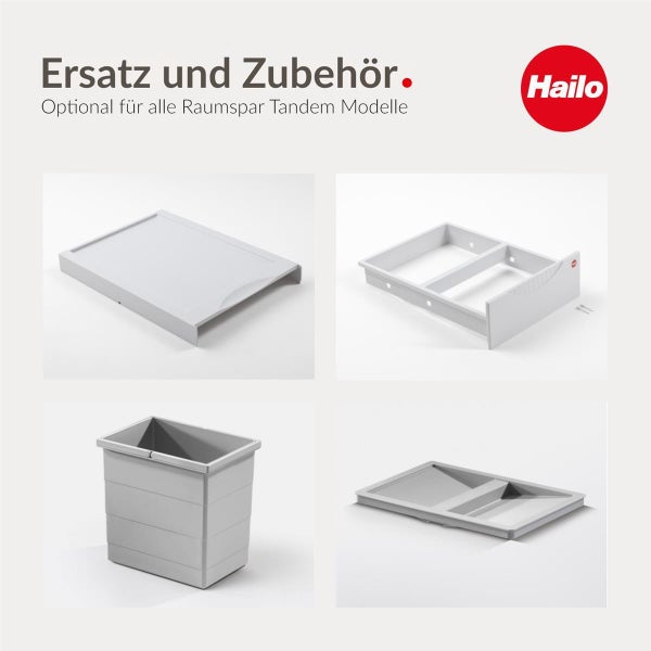 Hailo Ersatzteile und Zubehör für Raumspar Tandem Abfallsysteme mit Deckel, Auszugrahmen und Mülleimer sowie Hailo Logo.