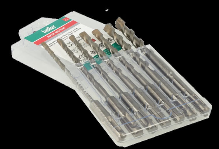 Siebenteiliges Heller Prefix SDS-plus Hammerbohrer Set aus Stahl in einer Kunststoffverpackung.