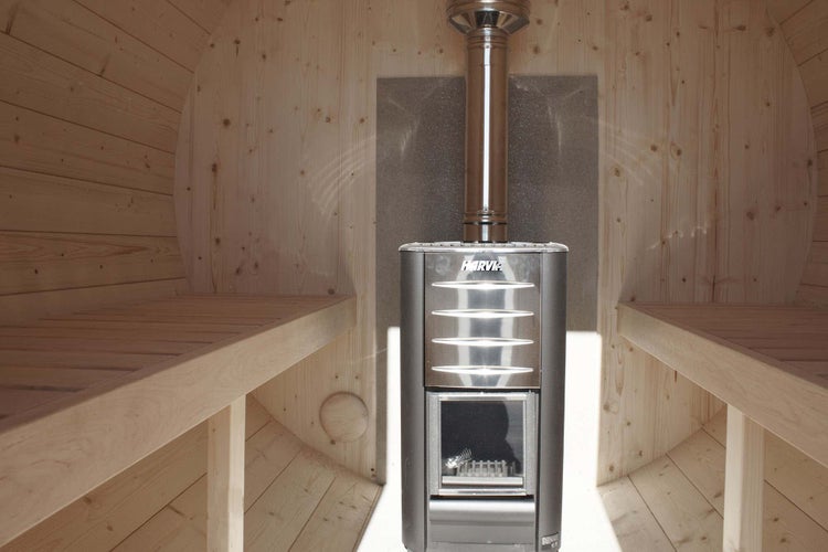 FinnTherm Fass-Sauna Tom Fasssauna 2 Sitzbänke aus Holz, Sauna mit 40 mm Wandstärke, Außensauna mit Montagematerial, Naturbelassen