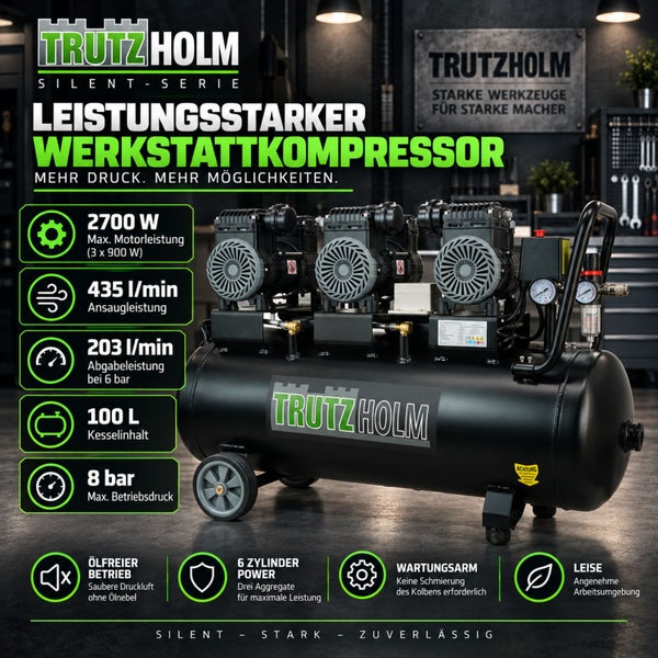 Trutzholm Werkstattkompressor Silent Serie mit 100 Liter Kessel, 2700 Watt Leistung, 8 bar Druck und ölfreiem 6 Zylinder Betrieb für die Werkstatt.