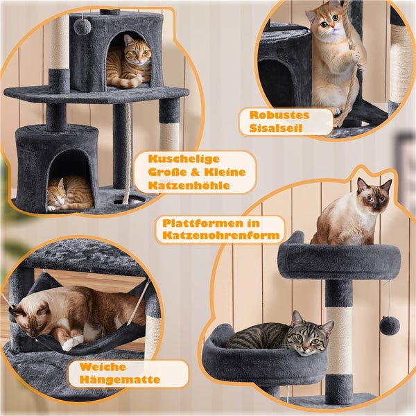 Katzenkratzbaum mit verschiedenen Ebenen, Höhlen, Hängematte und Sisalstämmen für Katzen