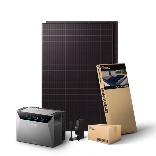 Balkonkraftwerk Set mit zwei Solarmodulen, Anker Solix Solarbank Speicher, Montageset für Flachdächer und Zubehörbox.