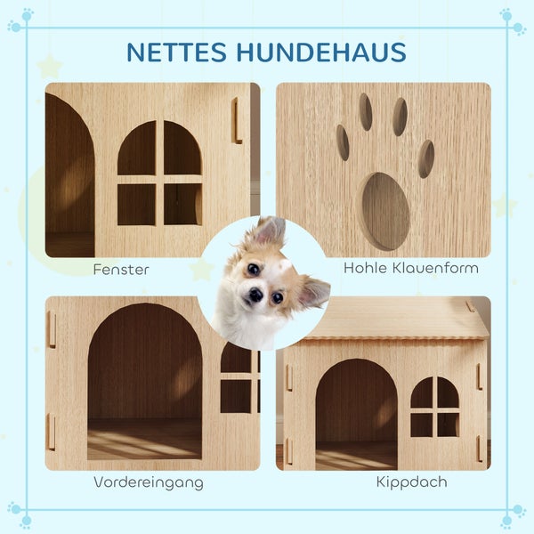 Hundehaus mit Fenster, Pfotenabdruck, Vordereingang und Kippdach