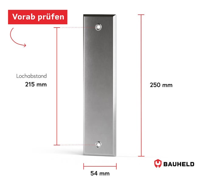 Edelstahl-Schutzbeschlag mit den Maßen 250 x 54 mm und einem Lochabstand von 215 mm