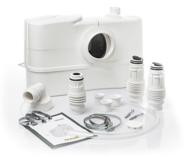 Kleinhebeanlage DAB Genix mit Zubehörset inklusive Schlauchschellen, Anschlüssen, Schlauch und Anleitung.