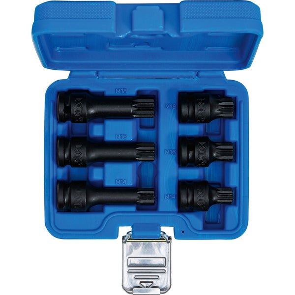 Steckschlüssel-Satz mit Innenvielzahn-Einsätzen M14, M16 und M18 in blauem Koffer