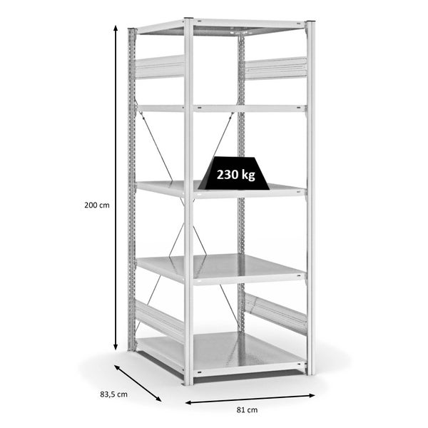 PROREGAL Fachbodenregal Stecksystem T-Profil Medium-Duty Grundregal HxBxT 200 x 75 x 80 cm 5 Ebenen Fachlast 230 kg Einseitig Nutzbar Lichtgrau