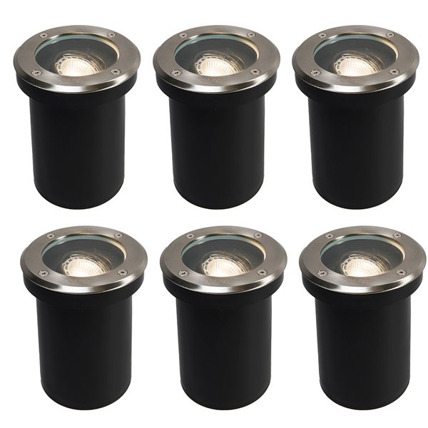 Sechser-Set Bodeneinbaustrahler mit Edelstahlring, Glasabdeckung und schwarzem Gehäuse.
