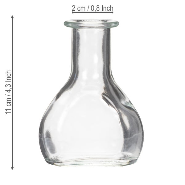 Kleine Vase aus Klarglas mit einer Höhe von 11 Zentimetern und einer Öffnung von 2 Zentimetern.