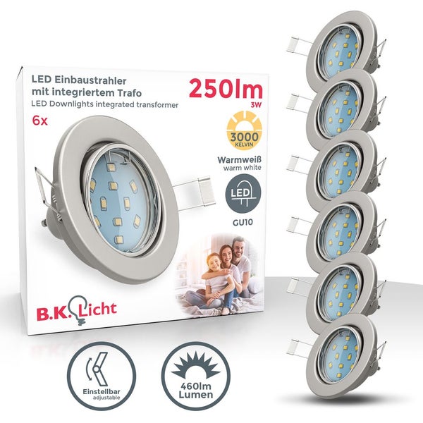 Einbauspot 10er Set 68mm Lochmaß - GU10, 3W, 250lm, LED, warmweiß, matt-nickel