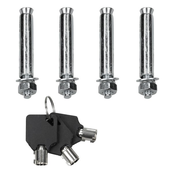 Vier Schwerlastanker aus Metall und drei Schlüssel an einem Schlüsselring.