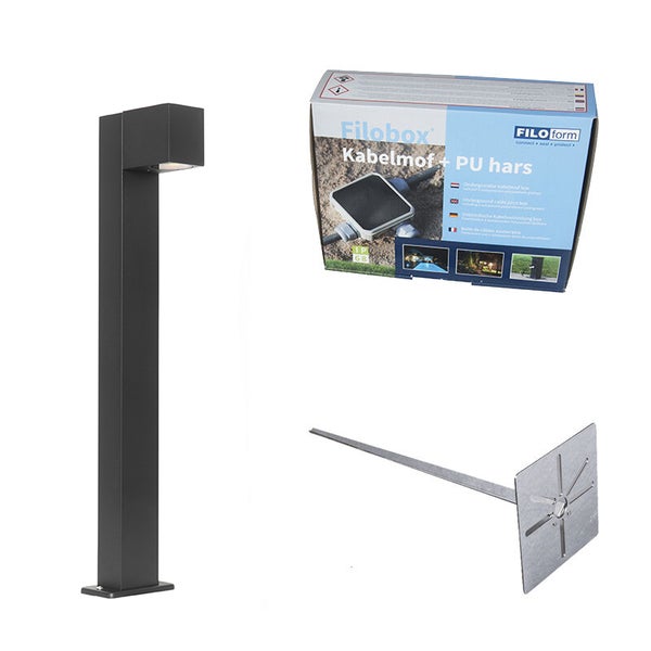 Moderne schwarze Außen-Sockelleuchte mit Filobox Kabelverbindung-Set inklusive Polyurethan-Harz und Erdspieß aus Metall.