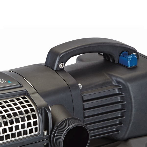 Detail einer Gartenpumpe mit schwarzem Kunststoffgehäuse, Tragegriff, blauem Schalter und Gewindeanschluss für Schläuche.