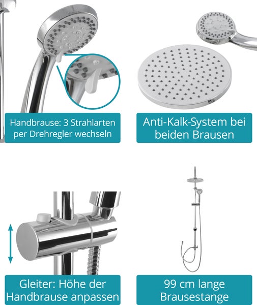 Calmwaters® Duschsystem Chrom, mit Regendusche & Handbrause, 3-strahlige Handbrause, Anti-Kalk, Duschgarnitur mit Wandstange, Gleiter, Hand- und Kopfbrause, 20DP6204