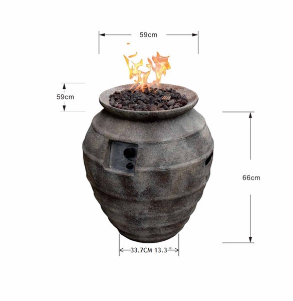 Gas-Feuerstelle in Vasenform mit Lavasteinen, Höhe 66 Zentimeter, Durchmesser oben 59 Zentimeter, Sockelbreite 33.7 Zentimeter.
