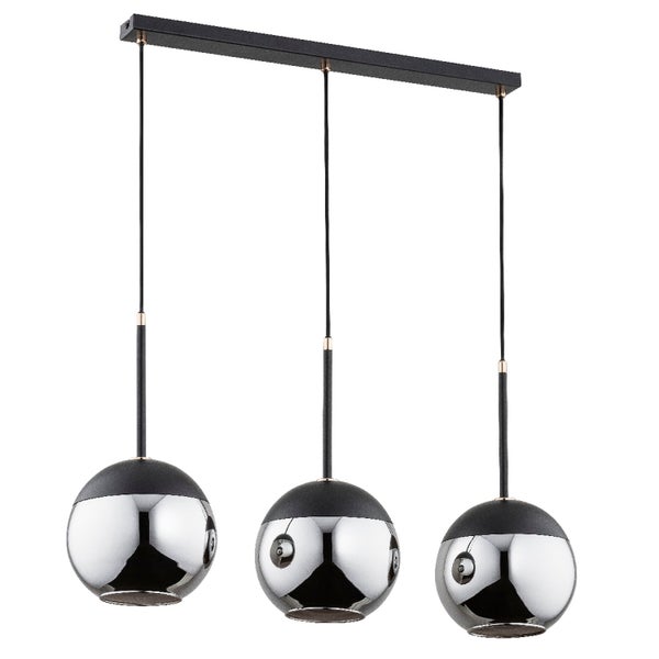 Moderne dreiflammige Pendelleuchte mit kugelformigen Leuchtenschirmen in Metalloptik für Esszimmer oder Wohnbereich