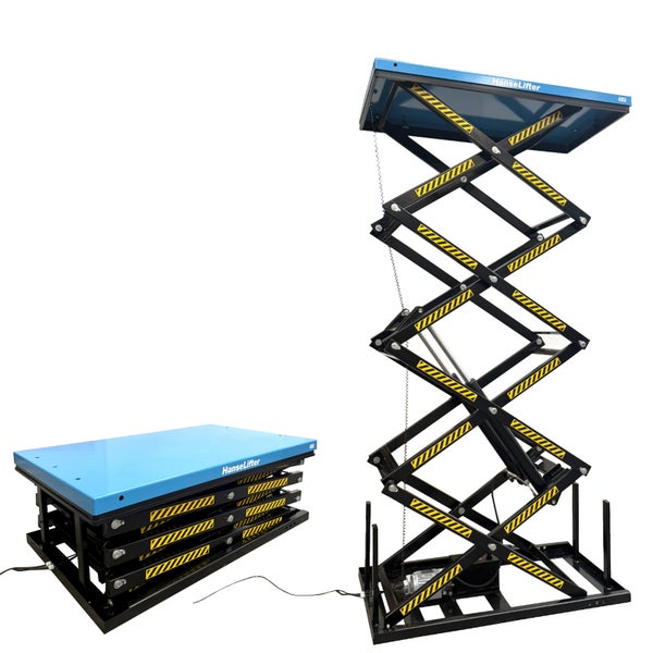 Stationärer Scherenhubtisch von HanseLifter in eingefahrenem und ausgefahrenem Zustand mit blauer Plattform und gelb-schwarz markierten Hubarmen.