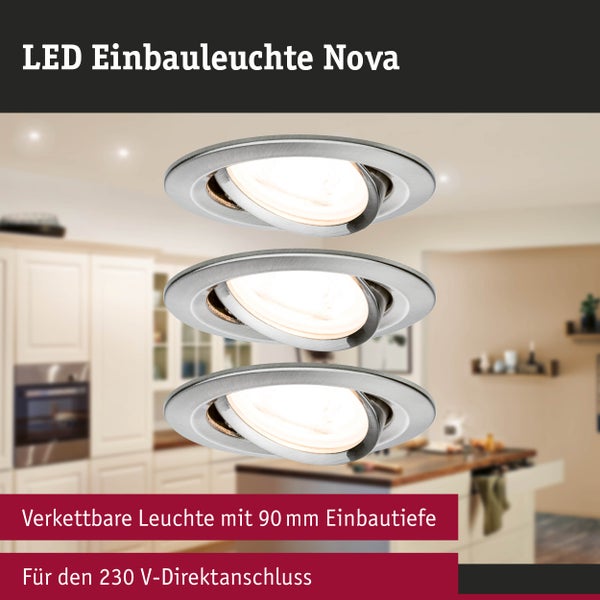 Drei runde LED Einbauleuchten Nova, verkettbar, 90 Millimeter Einbautiefe, 230 Volt Direktanschluss, in einer modernen Küche.