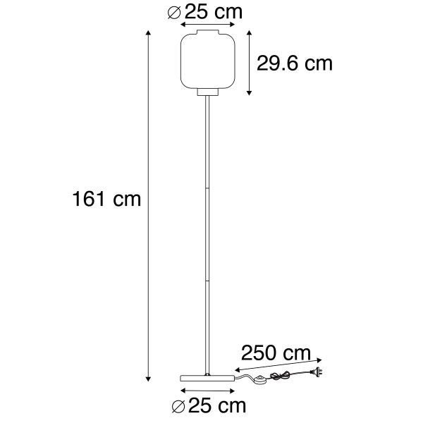 Abmessungen einer Stehlampe: Höhe 161 cm, Lampenschirmdurchmesser 25 cm, Lampenschirmhöhe 29,6 cm, Fußdurchmesser 25 cm, Kabellänge 250 cm