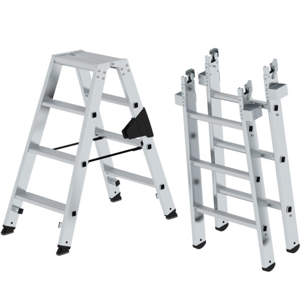 Mehrzweckleiter aus Aluminium in zwei verschiedenen Konfigurationen.