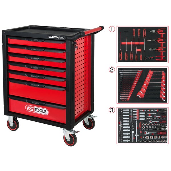 KS TOOLS Racingline schwarz/rot Werkstattwagen mit 7 Schubladen und 215 Premium-Werkzeugen - 826.7215