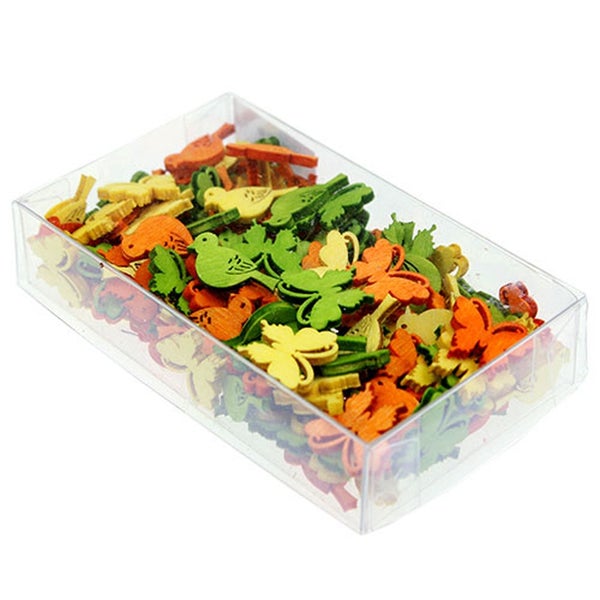 Dekorative Holzfiguren in einer transparenten Box, Motive: Vögel und Blätter