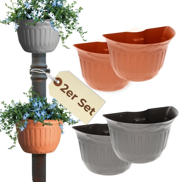 Blumentopf für Regenrohr 2er Set Wandtopf Wandblumentopf Regenrinne Fallrohr Säule Pfosten Abflussrohr Wand Pflanztopf Pflanzgefäß anthrazit