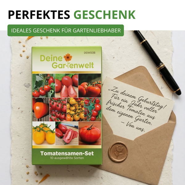 Geschenkset mit Deine Gartenwelt Tomatensamen-Set für zehn Sorten, einer Grußkarte und einem Füller.