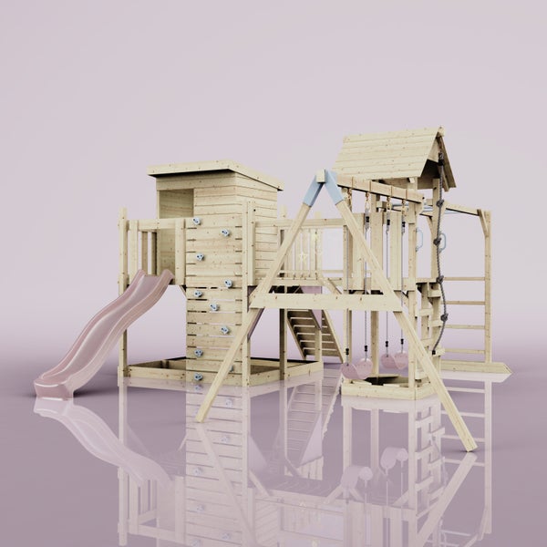 Spielplatz aus Holz mit Rutsche, Schaukel und Kletterwand