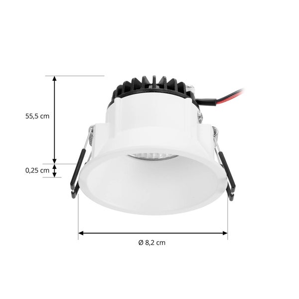 Weiße LED-Einbauleuchte, Maße: Höhe 55,5 Zentimeter, Randhöhe 0,25 Zentimeter und Durchmesser 8,2 Zentimeter. Mit schwarzem Kühlkörper.