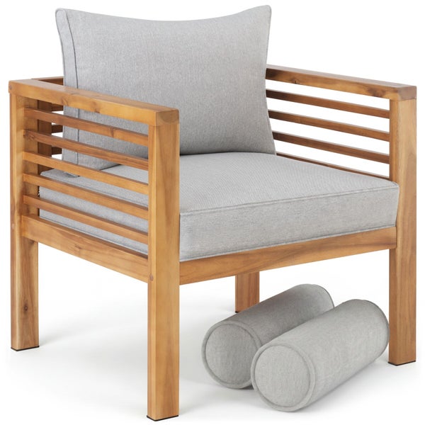Brauner Gartensessel aus Holz mit grauen Sitz- und Rückenkissen sowie zwei Nackenrollen.