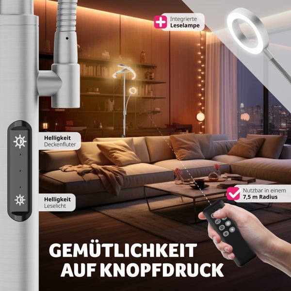 Wohnzimmer mit Stehleuchte, Leselampe und Fernbedienung zur Helligkeitssteuerung