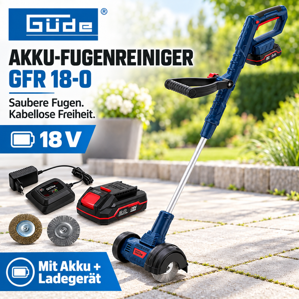 Güde Akku Fugenreiniger GFR 18 0 mit 18 Volt Akku und Ladegerät sowie zwei Aufsätzen für die Reinigung von Pflasterfugen im Garten