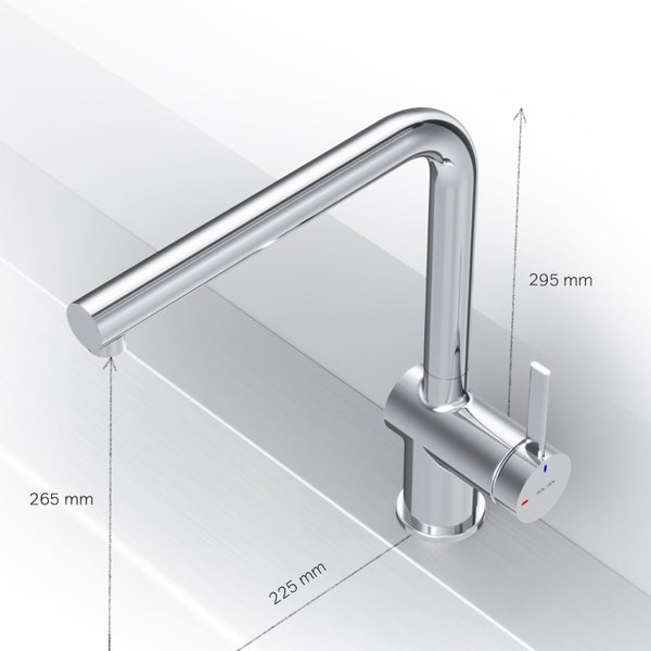 Küchenarmatur mit den Maßen 295 mm Höhe, 265 mm Ausladung und 225 mm Länge