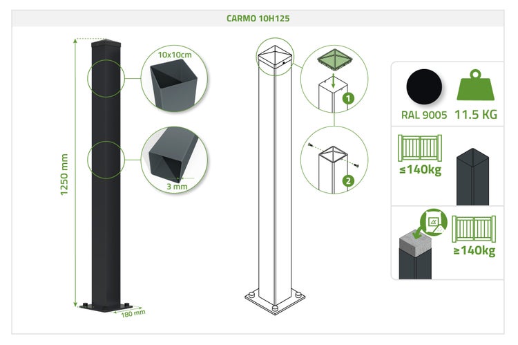Technische Zeichnung CARMO 10H125 Zaunpfosten: 1250 Millimeter Höhe, 10 mal 10 Zentimeter Profil, 3 Millimeter Wandstärke, 11,5 Kilogramm.