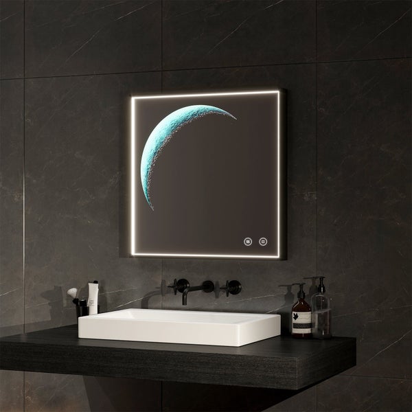 EMKE Badspiegel mit Beleuchtung, kaltweiß,  Dekospiegel, 50x50cm, Quadratischer Spiegel mit Touchschalter, Anti-beschlag, schwarzer Rahmen