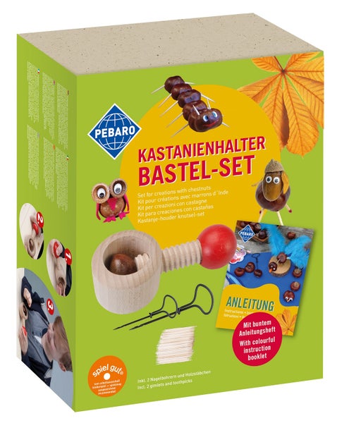 Pebaro Kastanienhalter Bastelset mit zwei Nagelbohrern, Holzstäbchen und Anleitung zum Basteln von Kastanienfiguren.