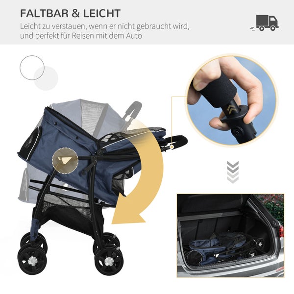 PawHut Hundewagen, faltbarer Hundebuggy, Hundetrolley mit Kissen, Katzenbuggy, Katzenwagen mit 4 Rädern, Netzfenster, Stauraum für kleine Hunde, Katzen, 600D Oxford, Marineblau