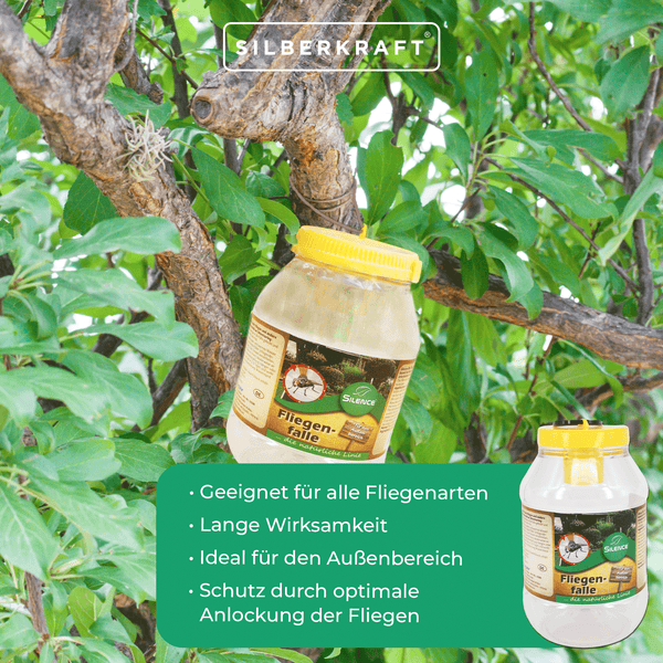 Silence Fliegenfalle – Effektive Lockfalle zur Fliegenabwehr im Außenbereich<br />Zur biologischen Bekämpfung von Fliegen rund ums Haus, Garten, Stall und Terrasse – Wiederverwendbar & nachfüllbar