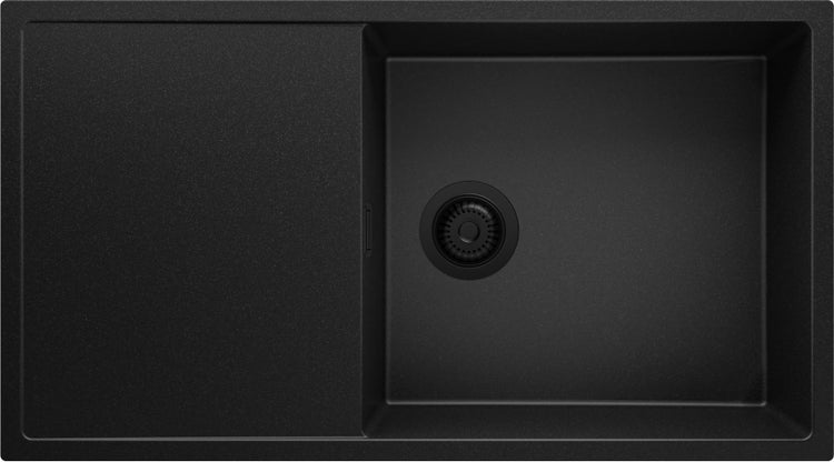 PRIMAGRAN Spülbecken Alles Schwarz 90x50cm, Granitspüle 1 Becken + Ablauf-Set, Küchenspüle ab 60er Unterschrank - Ibiza
