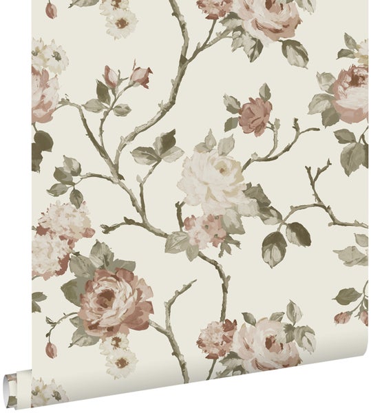 ESTAhome Tapete Blumenmuster Crême-Weiß und Altrosa - 53 cm x 10.05 m - 139406
