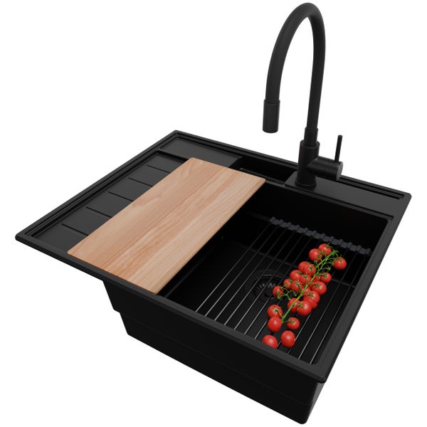 PRIMAGRAN Granitspüle Alles Schwarz 62x53cm, Spülbecken 1 Becken + Küchenarmatur 40x38cm + Ablauf-Set + Küchenzubehörset, Küchenspüle ab 45er Unterschrank - Sydney Pocket