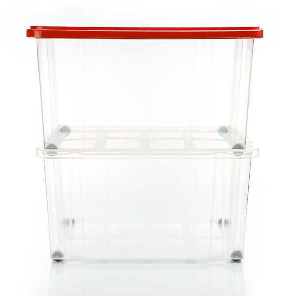 BigDean 3 Stück 60 L Aufbewahrungsbox mit Deckel groß rot - stapelbare robuste Box BPA-frei - rollbare Stapelbox mit festen Klickverschlüssen - Made in Germany