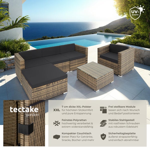 Rattan Lounge tectake Milano mit Sicherheitsglasplatte für 4 bis 5 Personen natur