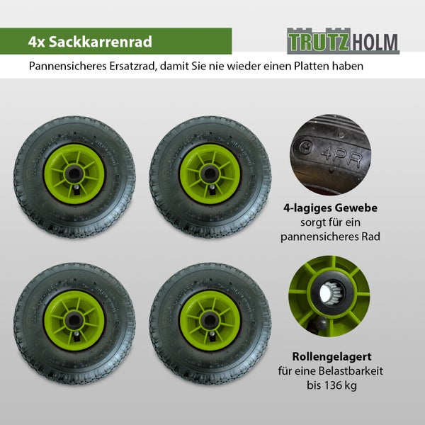 Vier Sackkarrenräder, pannensicheres Ersatzrad mit Rollenlagerung und vierlagigem Gewebe