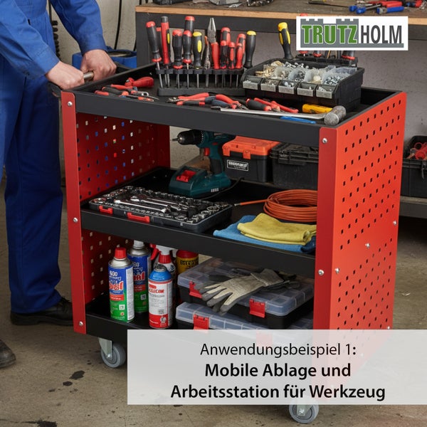 Mobiler Werkstattwagen von Trutzholm mit drei Etagen gefüllt mit verschiedenen Handwerkzeugen, Elektrowerkzeugen und Werkstattzubehör.