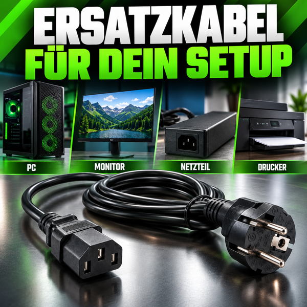 Schwarzes Kaltgerätekabel für Stromversorgung von PC, Monitor, Netzteil und Drucker.