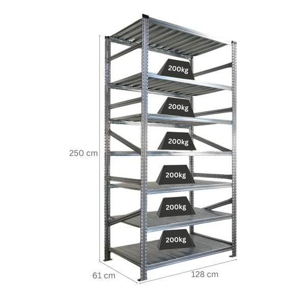 Metallregal mit sechs Regalböden und Gewichtsangaben