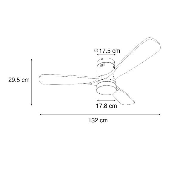 Strichzeichnung eines Deckenventilators mit Maßangaben für Durchmesser, Höhe und Gehäuseabmessungen.
