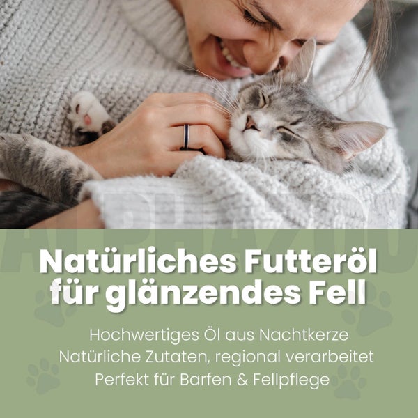 Frau umarmt Katze; natürliches Futteröl für glänzendes Fell